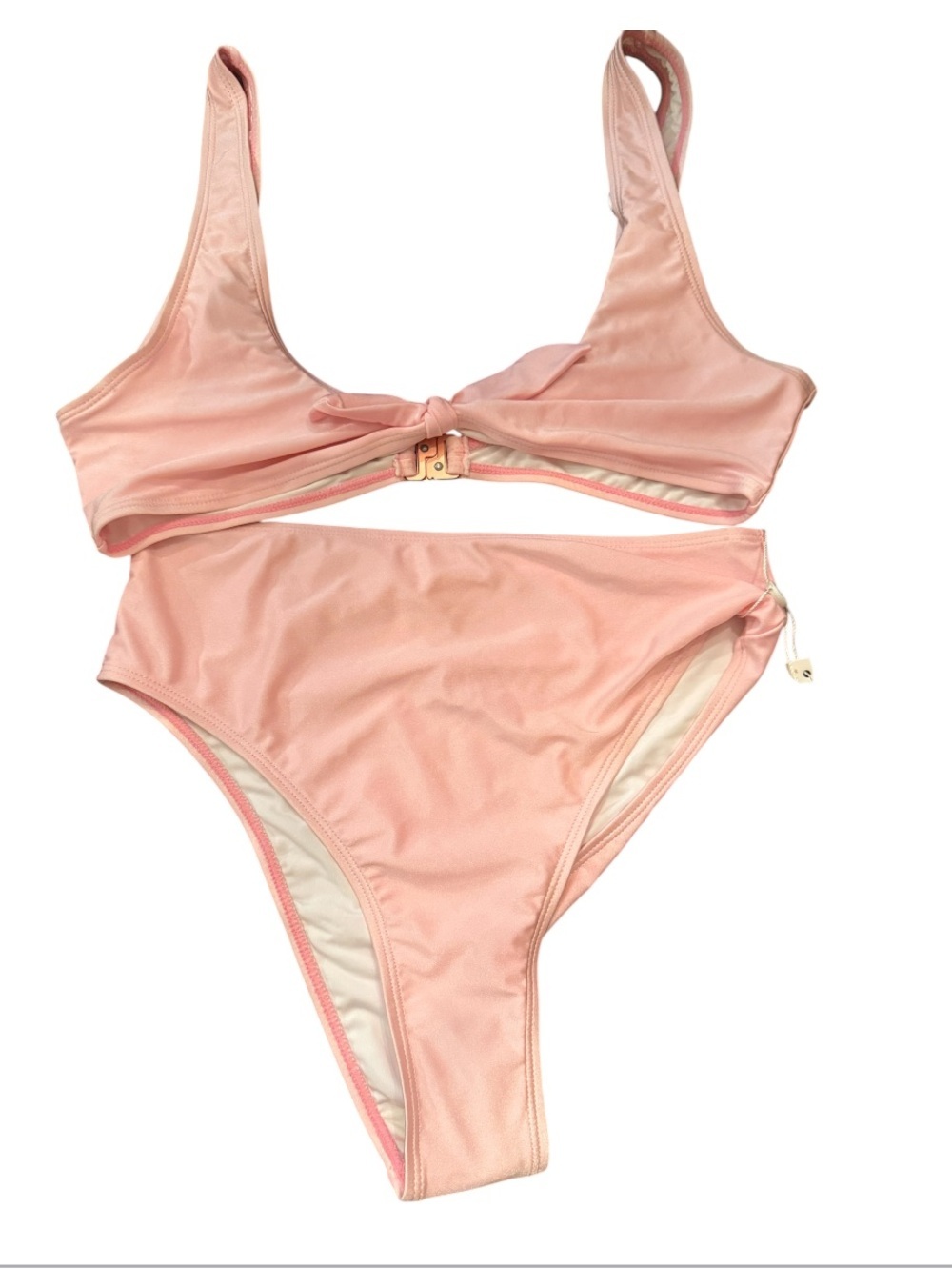 Hello Molly Pink Bikini Set - Size L NWT Shimmer Bow Front High Waist Swim